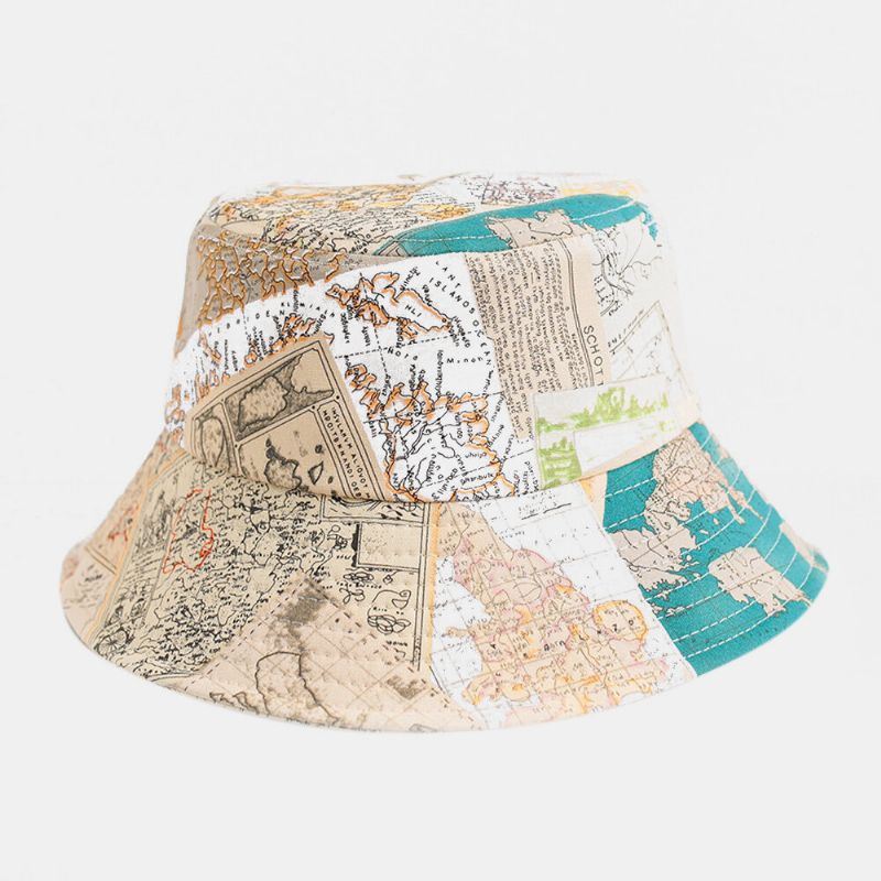 Unisex-baumwoll-weltkarte-muster Outdoor Lässiger Sonnenschutz-hut Bucket Hat Senden Sie Ein Winddichtes Seil