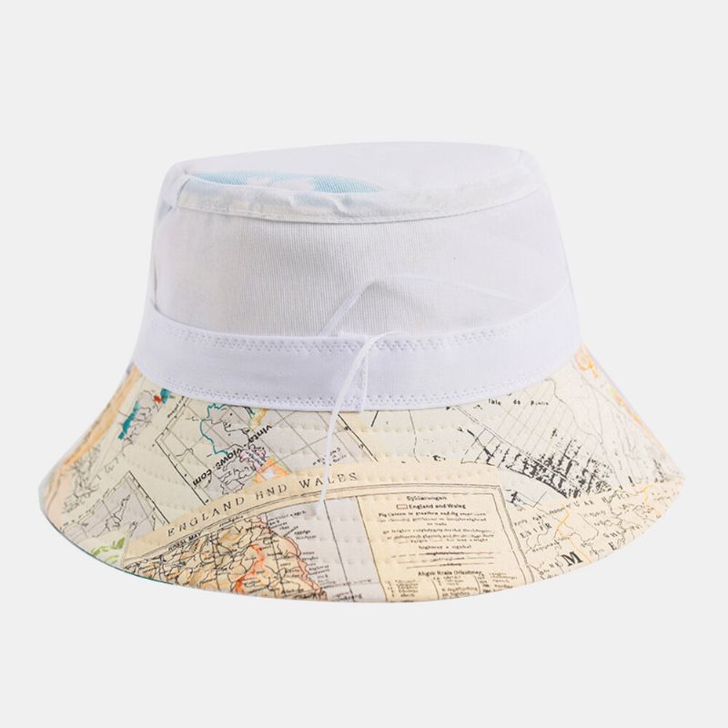 Unisex-baumwoll-weltkarte-muster Outdoor Lässiger Sonnenschutz-hut Bucket Hat Senden Sie Ein Winddichtes Seil