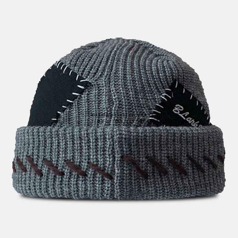 Unisex-beanie-mützen Gestrickt Farblich Abgesetzt Mit Nähten Stoffaufnäher Vintage-wärme Landlord-mütze Totenkopf-mütze