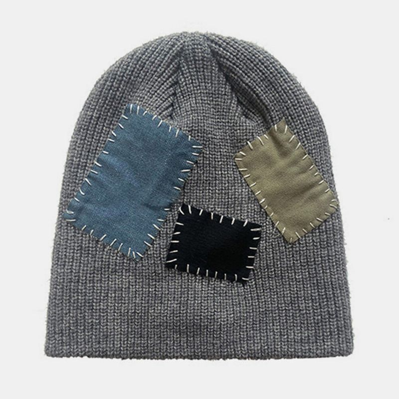 Unisex-beanie-mützen Gestrickt Farblich Abgesetzt Mit Nähten Stoffaufnäher Vintage-wärme Landlord-mütze Totenkopf-mütze