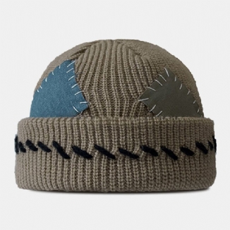 Unisex-beanie-mützen Gestrickt Farblich Abgesetzt Mit Nähten Stoffaufnäher Vintage-wärme Landlord-mütze Totenkopf-mütze