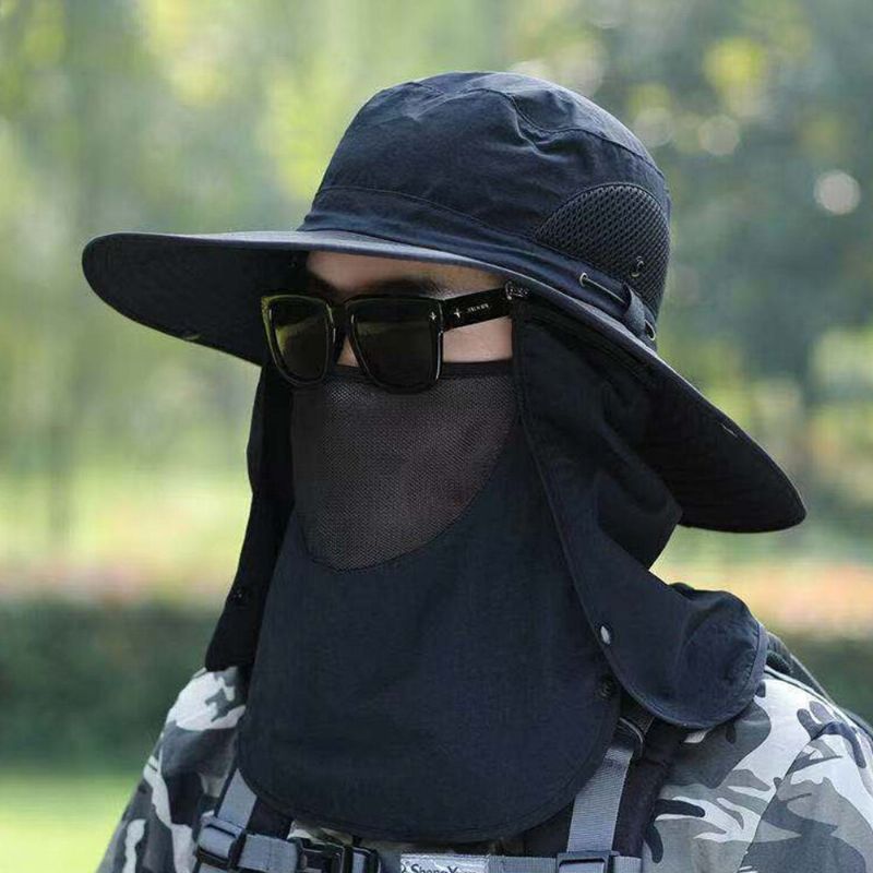 Unisex Big Brim Dual-use Winddicht Seil Maske Vorhang Abdeckung Gesicht Sommer Outdoor Angeln 360 Grad Sonnenschutz Eimer Hut