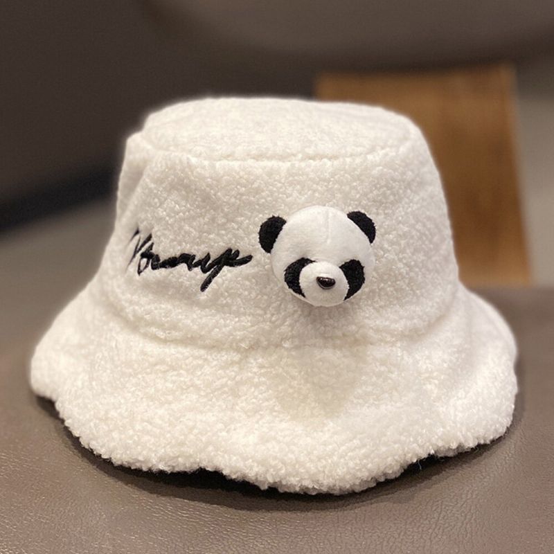 Unisex-bucket-hut Plüsch-briefstickerei Panda-puppe Verziert All-match-wärme-bucket-hut