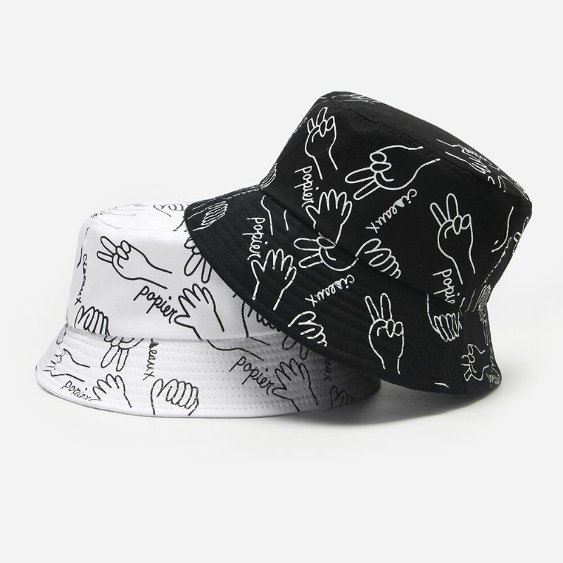 Unisex Cotton Letters Line Drawing Gestures Graffiti Fashion Sunshade Bucket Hat