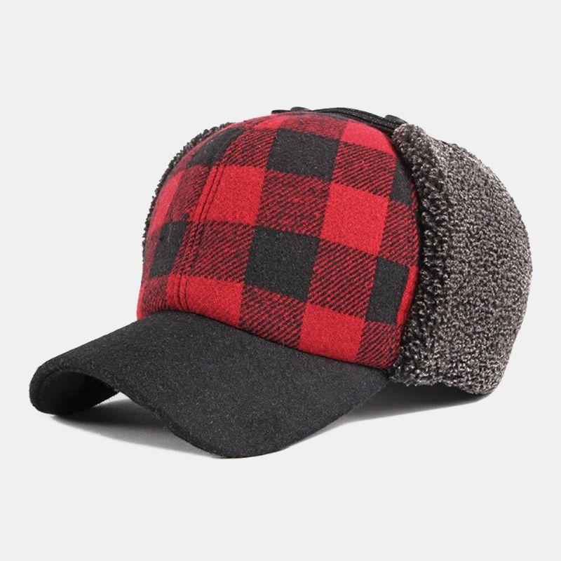 Unisex Cotton Plus Velvet Thick Plaid Baseball Cap Herbst Winter Gehörschutz Ohrenschützer Winddichte Warme Mütze