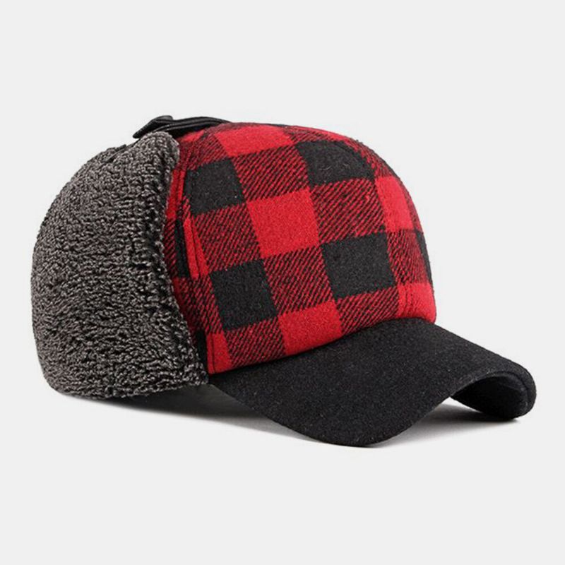 Unisex Cotton Plus Velvet Thick Plaid Baseball Cap Herbst Winter Gehörschutz Ohrenschützer Winddichte Warme Mütze