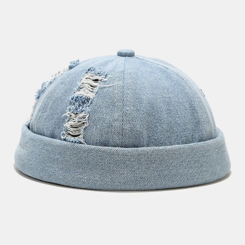 Unisex Denim Broken Holes Made-old Fashion Outdoor Brimless Beanie Landlord Cap Skull Cap