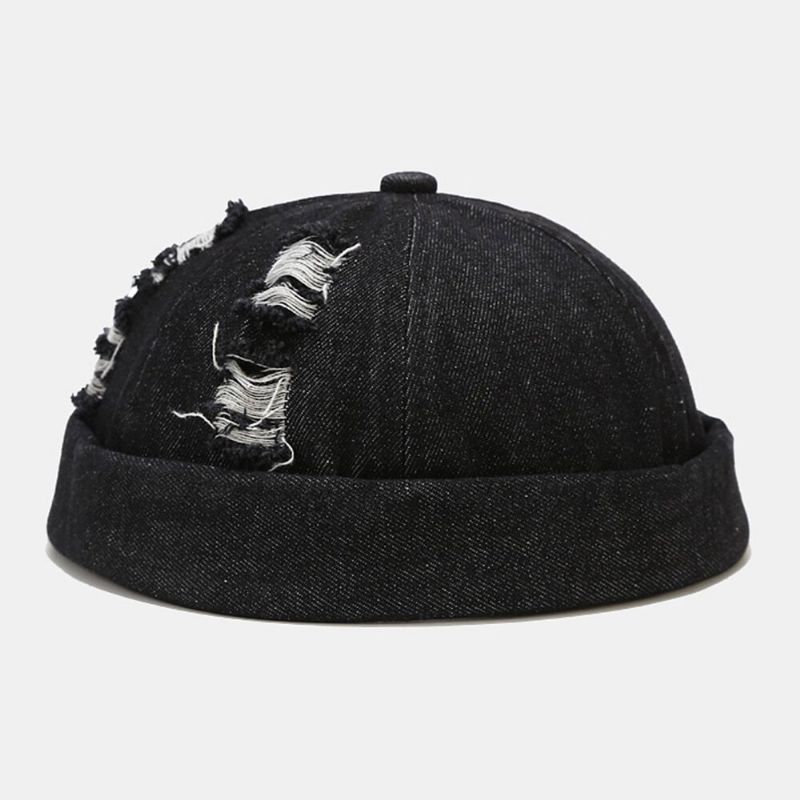 Unisex Denim Broken Holes Made-old Fashion Outdoor Brimless Beanie Landlord Cap Skull Cap