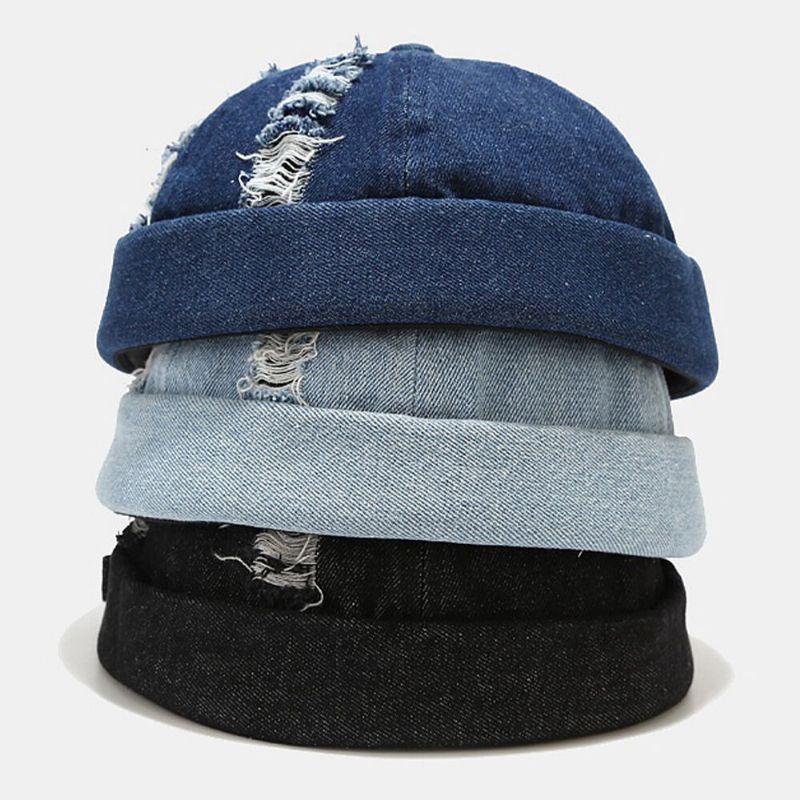 Unisex Denim Broken Holes Made-old Fashion Outdoor Brimless Beanie Landlord Cap Skull Cap