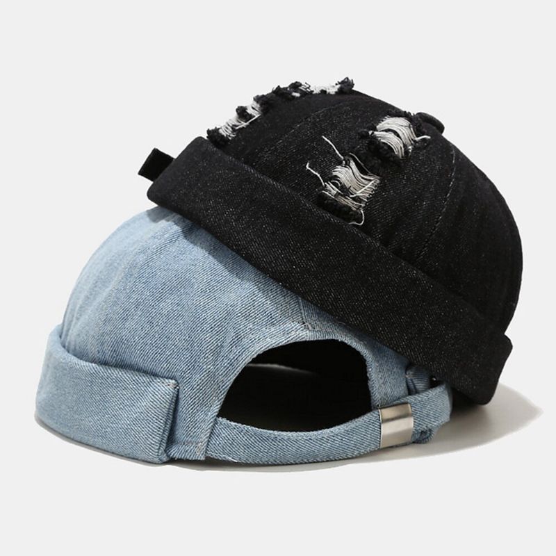 Unisex Denim Broken Holes Made-old Fashion Outdoor Brimless Beanie Landlord Cap Skull Cap