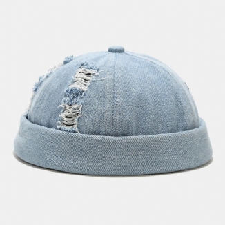 Unisex Denim Broken Holes Made-old Fashion Outdoor Brimless Beanie Landlord Cap Skull Cap