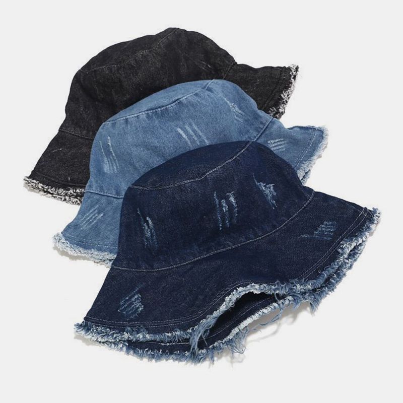 Unisex Denim Faltbar Gebrochene Löcher Quaste Made-old Retro Fashion Outdoor-sonnenschutz-eimer-hut