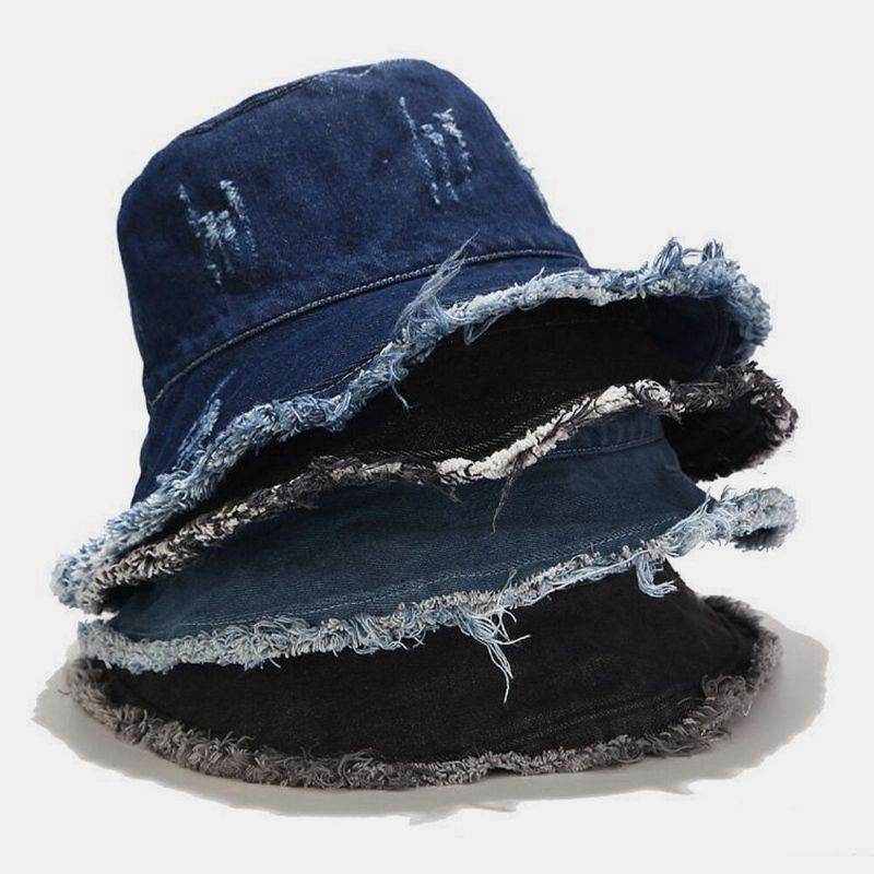 Unisex Denim Faltbar Gebrochene Löcher Quaste Made-old Retro Fashion Outdoor-sonnenschutz-eimer-hut