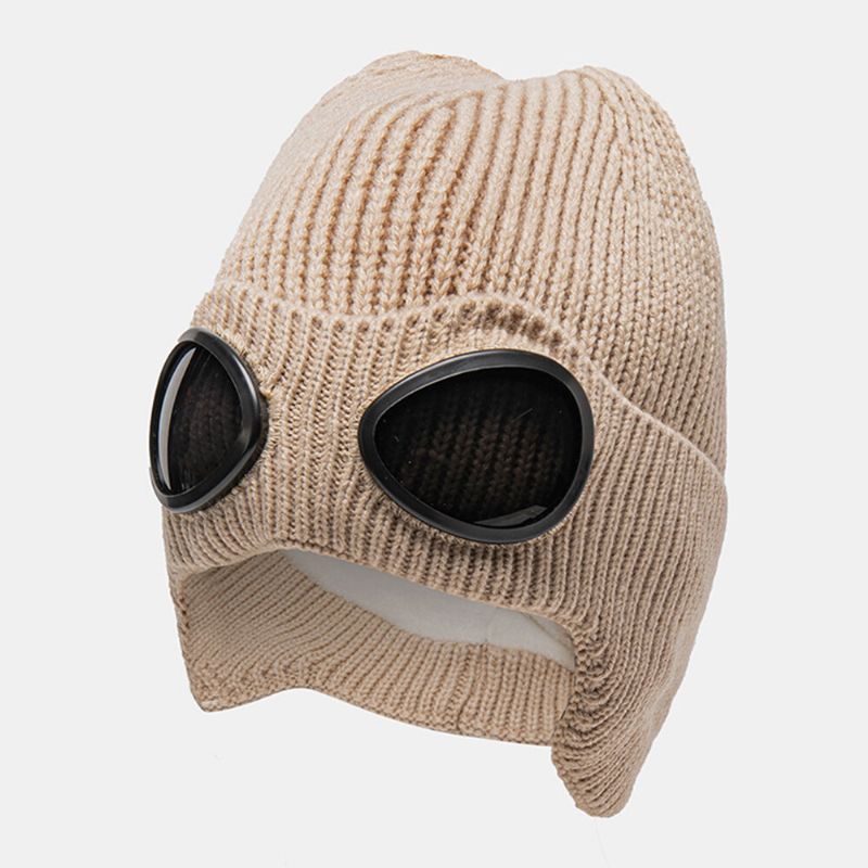 Unisex Gestrickte Einfarbige Fliegerbrille Linsendekoration Verdicken Wärme Modische Beanie-mütze