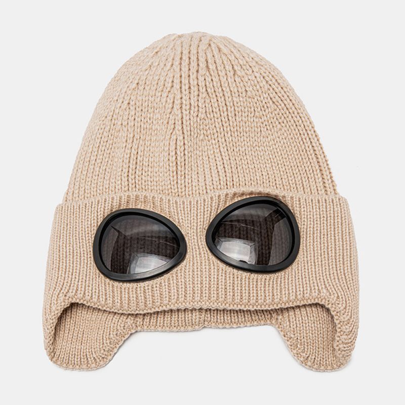 Unisex Gestrickte Einfarbige Fliegerbrille Linsendekoration Verdicken Wärme Modische Beanie-mütze