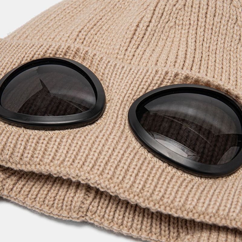 Unisex Gestrickte Einfarbige Fliegerbrille Linsendekoration Verdicken Wärme Modische Beanie-mütze