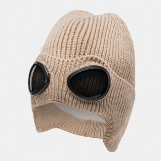 Unisex Gestrickte Einfarbige Fliegerbrille Linsendekoration Verdicken Wärme Modische Beanie-mütze