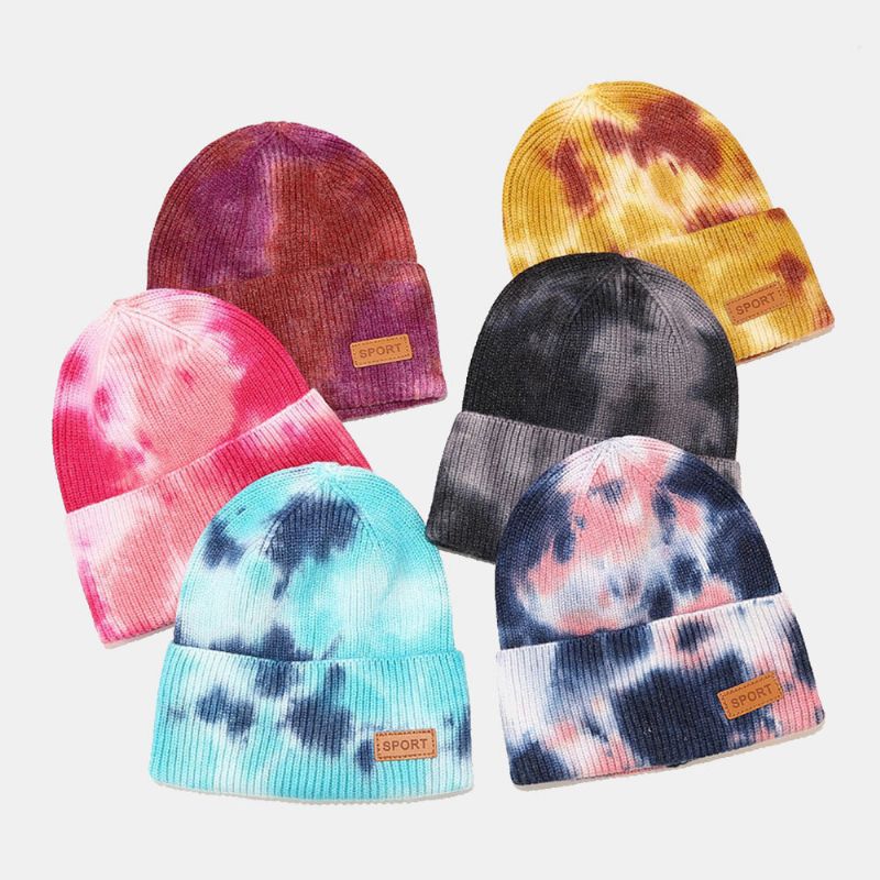 Unisex Kerngarn Elastisch Gestrickt Tie-dye Hut Mode Lässig Brief Label Herbst Winter Wärme Brimless Beanie Hat Landlord Cap