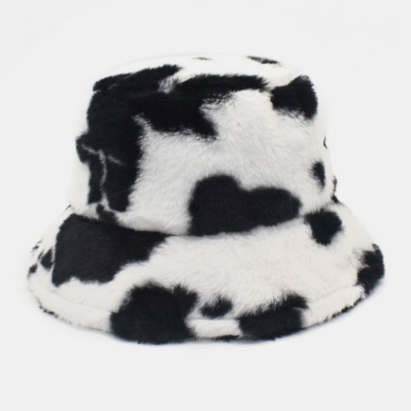 Unisex Lammhaar Weich Warm Lässig All-match Süßer Bucket Hat Mit Kuhmuster