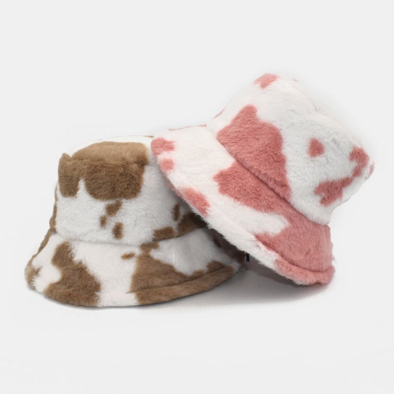 Unisex Lammhaar Weich Warm Lässig All-match Süßer Bucket Hat Mit Kuhmuster