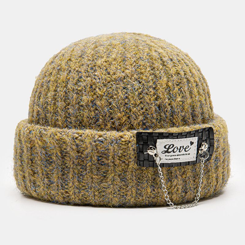 Unisex-mischfarben-strick-buchstaben-patch-ketten-dekoration Wärme Bördelnde Randlose Beanie-mütze