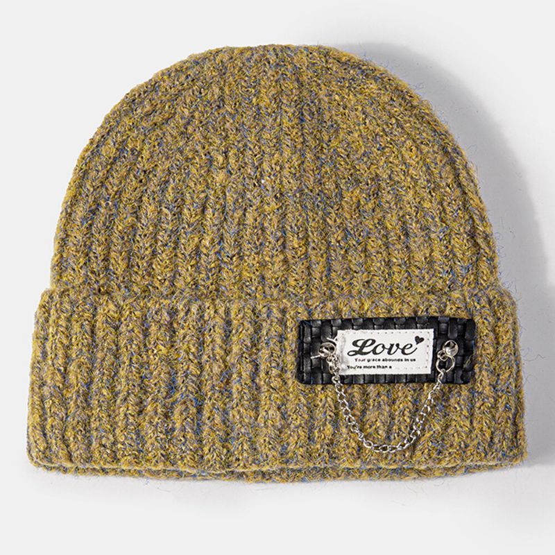 Unisex-mischfarben-strick-buchstaben-patch-ketten-dekoration Wärme Bördelnde Randlose Beanie-mütze