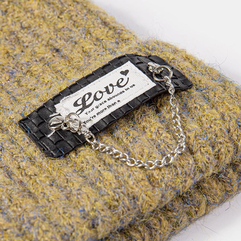 Unisex-mischfarben-strick-buchstaben-patch-ketten-dekoration Wärme Bördelnde Randlose Beanie-mütze