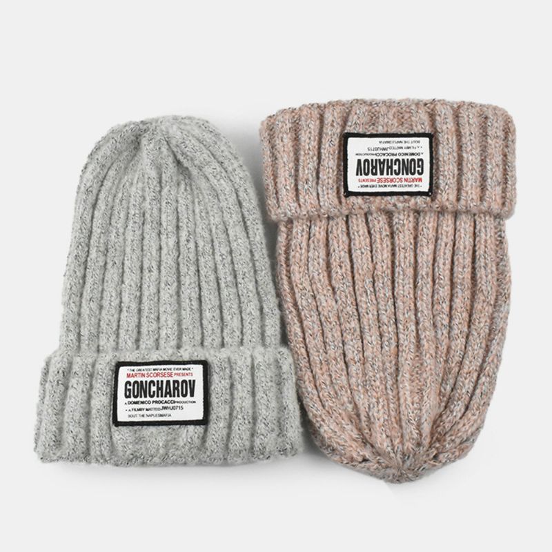 Unisex-mischfarben-strick-jacquard-buchstaben-stoff-patch Warme All-match-beanie-mütze