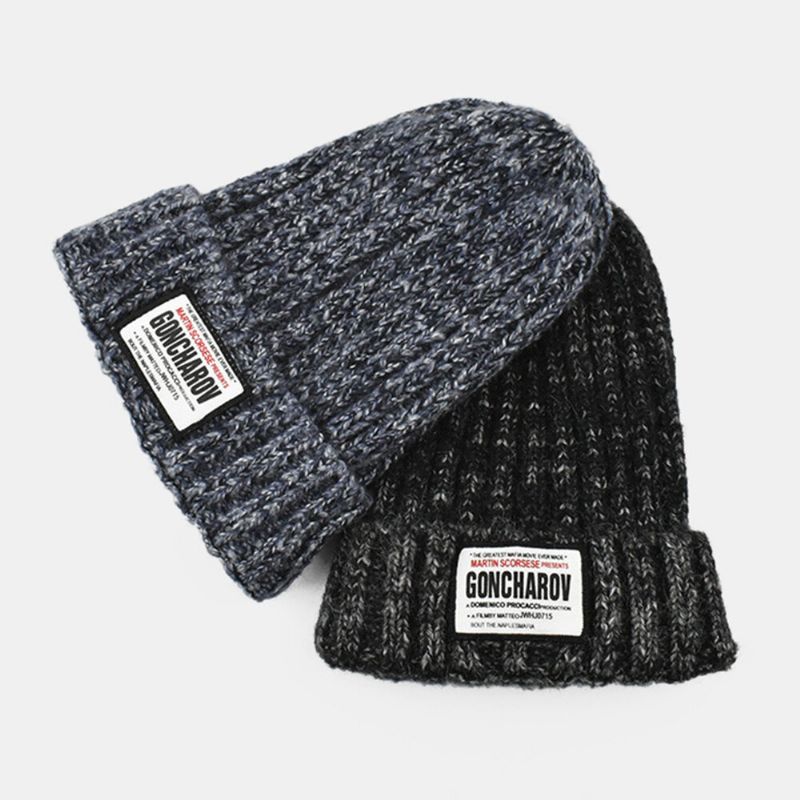 Unisex-mischfarben-strick-jacquard-buchstaben-stoff-patch Warme All-match-beanie-mütze