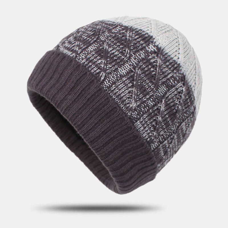 Unisex-mütze Aus Acryl Gemischte Farben Gestrickt Plus Samt Gestreifter Jacquard Verdicken Warme Randlose Beanie-mütze