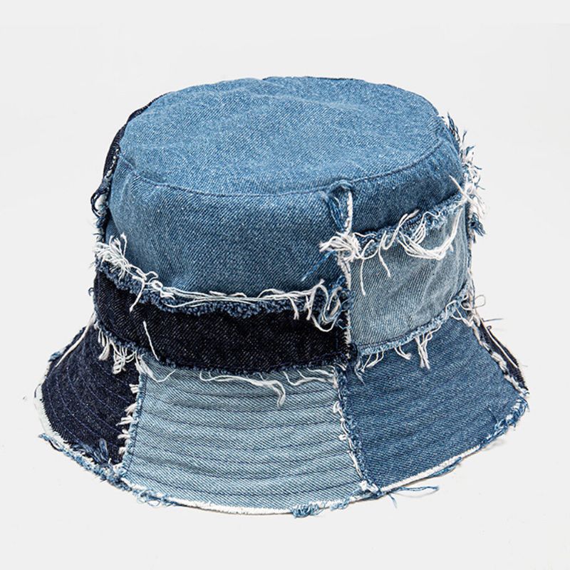 Unisex Plaid Colorblock Denim Distressed Fransenrand Lässiger Sonnenschutz Faltbare Flache Hüte Bucket Hats