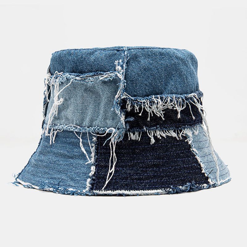 Unisex Plaid Colorblock Denim Distressed Fransenrand Lässiger Sonnenschutz Faltbare Flache Hüte Bucket Hats