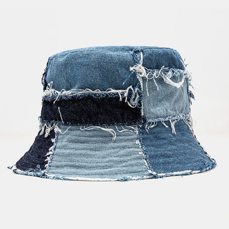 Unisex Plaid Colorblock Denim Distressed Fransenrand Lässiger Sonnenschutz Faltbare Flache Hüte Bucket Hats