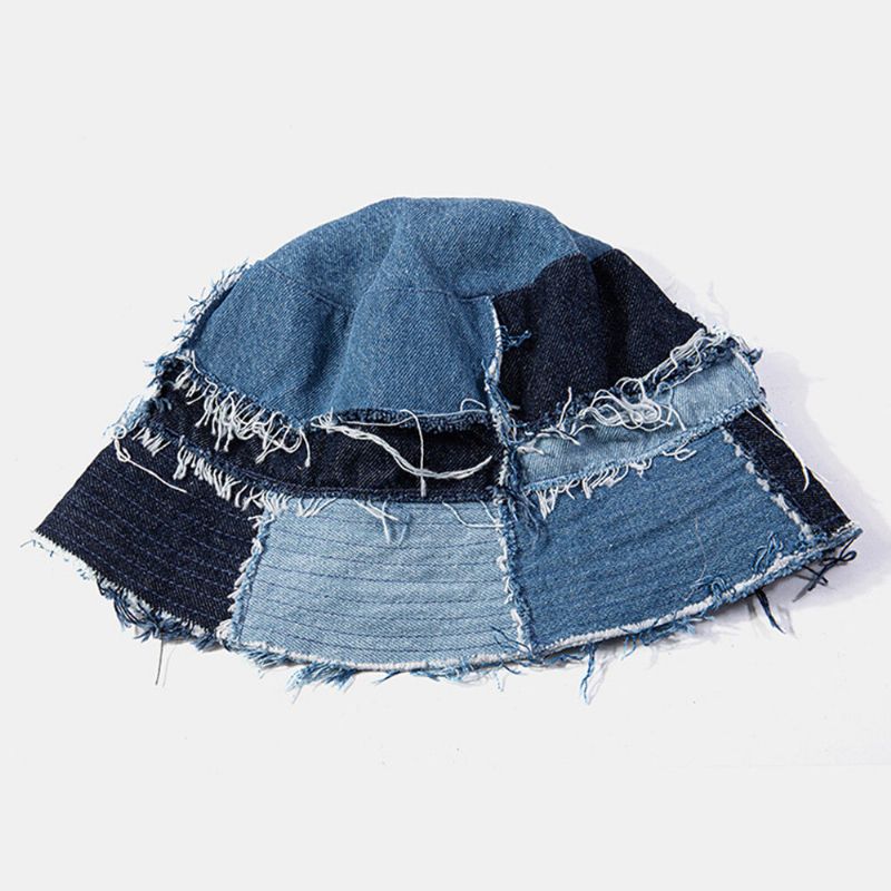 Unisex Plaid Colorblock Denim Distressed Fransenrand Lässiger Sonnenschutz Faltbare Flache Hüte Bucket Hats