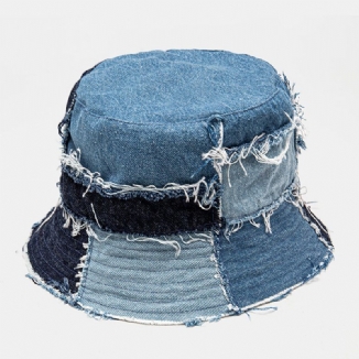 Unisex Plaid Colorblock Denim Distressed Fransenrand Lässiger Sonnenschutz Faltbare Flache Hüte Bucket Hats