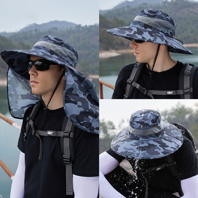 Unisex Polyester Camouflage Casual Outdoor Atmungsaktive Krempe Verlängerter Faltbarer Schnell Trocknender Sonnenschutz-eimerhut