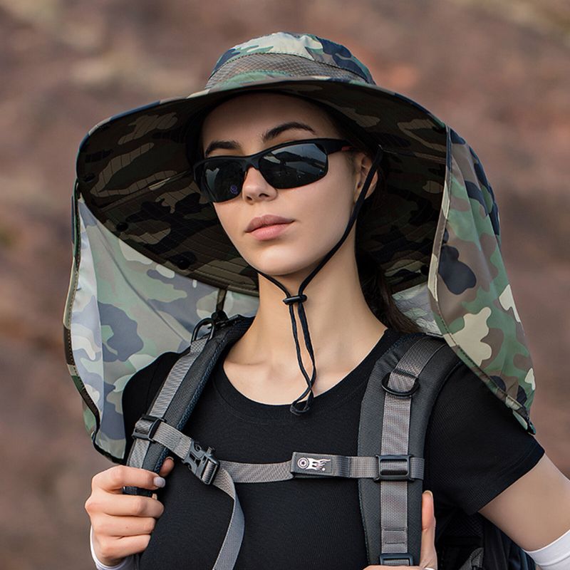 Unisex Polyester Camouflage Casual Outdoor Atmungsaktive Krempe Verlängerter Faltbarer Schnell Trocknender Sonnenschutz-eimerhut