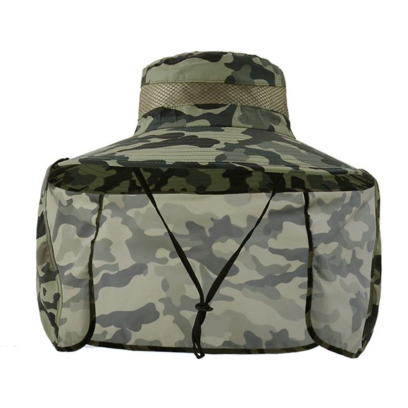 Unisex Polyester Camouflage Casual Outdoor Atmungsaktive Krempe Verlängerter Faltbarer Schnell Trocknender Sonnenschutz-eimerhut