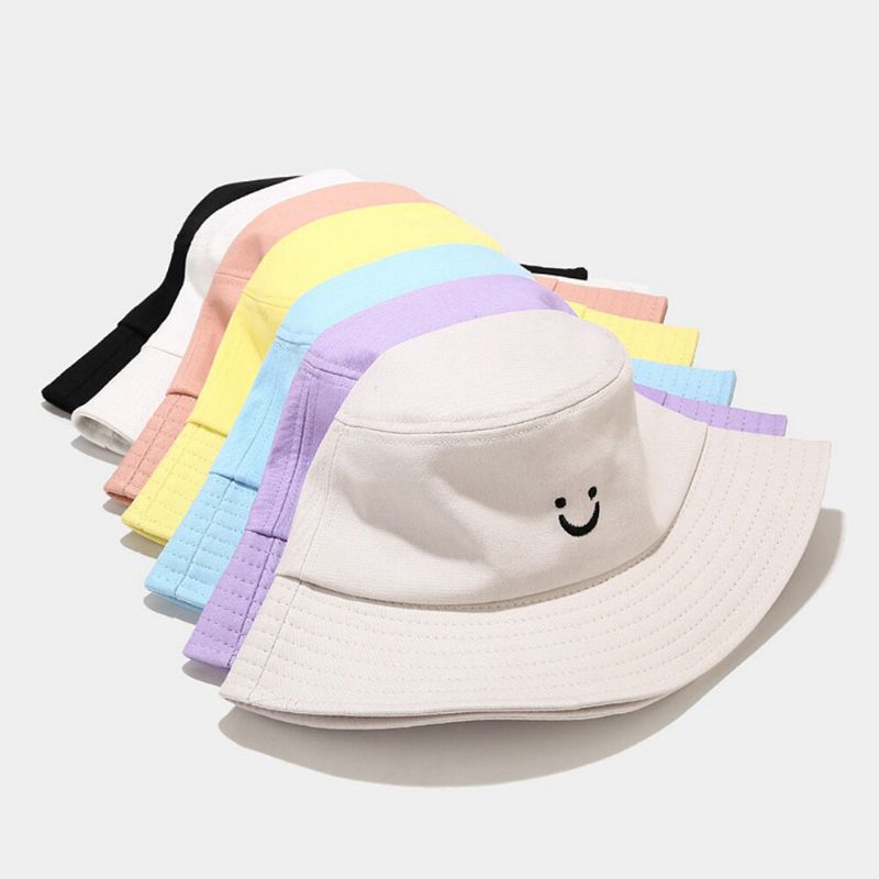 Unisex Smile Face Stickerei Bucket Hat Sommerreise Wilder Sonnenschirm Strandhut