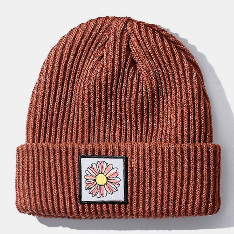 Unisex-strickmütze Aus Baumwolle Mit Sonnenblumenmuster. Warme Beanie-mütze Ohne Rand