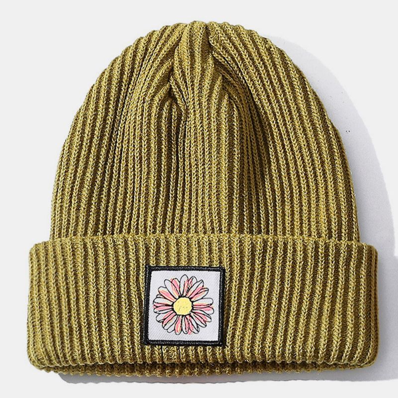 Unisex-strickmütze Aus Baumwolle Mit Sonnenblumenmuster. Warme Beanie-mütze Ohne Rand