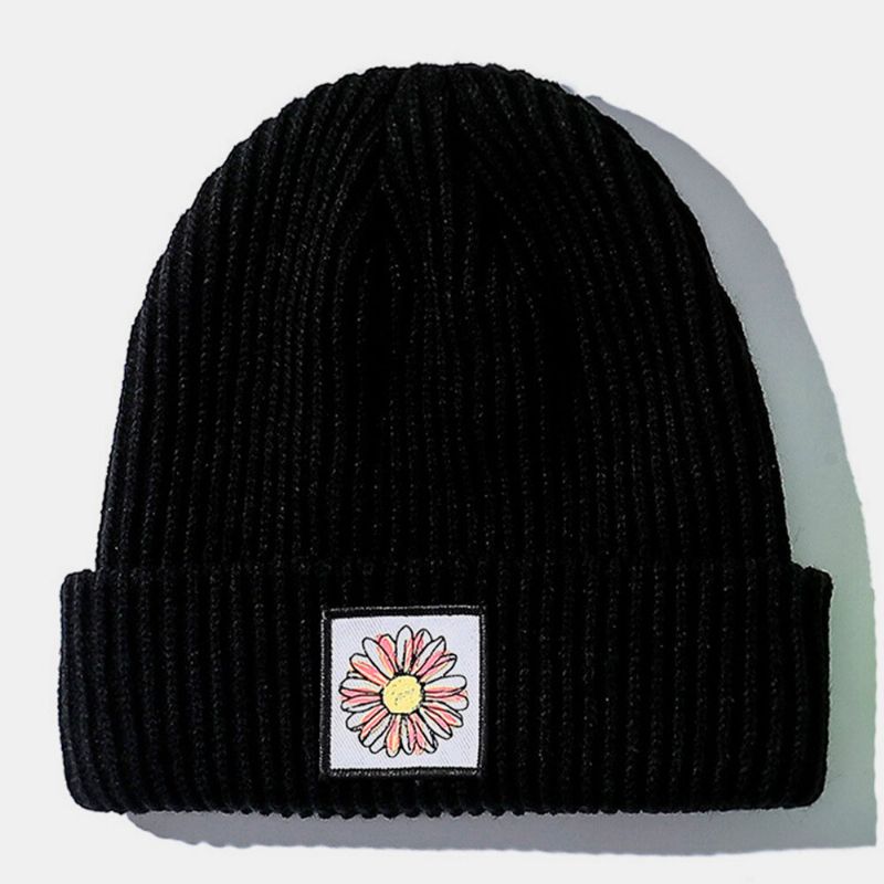 Unisex-strickmütze Aus Baumwolle Mit Sonnenblumenmuster. Warme Beanie-mütze Ohne Rand