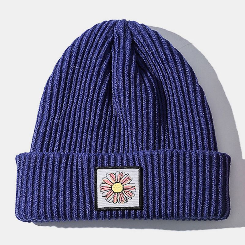 Unisex-strickmütze Aus Baumwolle Mit Sonnenblumenmuster. Warme Beanie-mütze Ohne Rand