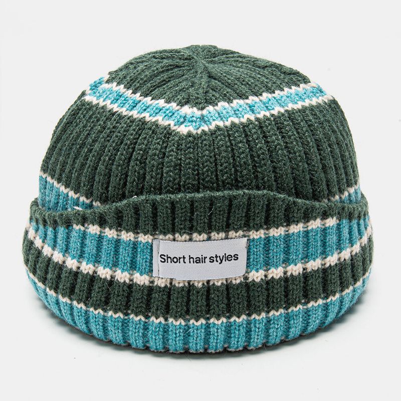 Unisex Strickmütze Farbkontrast Gestreift Buchstabe Muster Label Brimless Beanie Landlord Cap Skull Cap