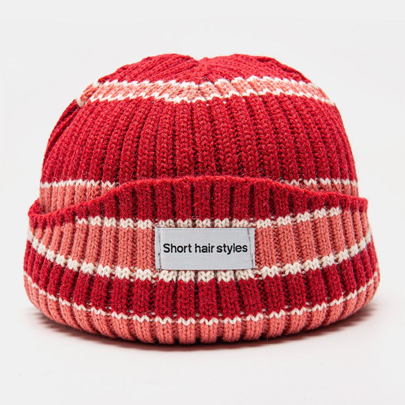 Unisex Strickmütze Farbkontrast Gestreift Buchstabe Muster Label Brimless Beanie Landlord Cap Skull Cap