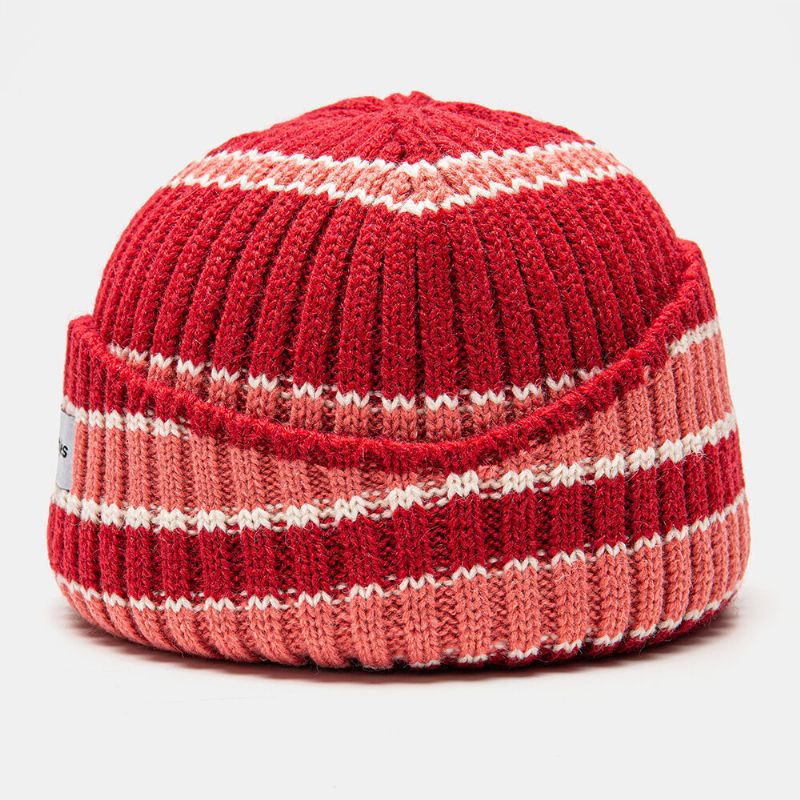 Unisex Strickmütze Farbkontrast Gestreift Buchstabe Muster Label Brimless Beanie Landlord Cap Skull Cap