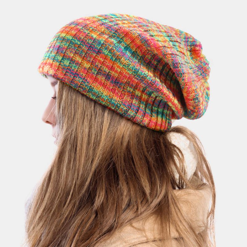 Unisex Woolen Mixed Rainbow Color Stripes Pattern Plus Velvet Thick Warm Couple Hat Beanie Strickmütze