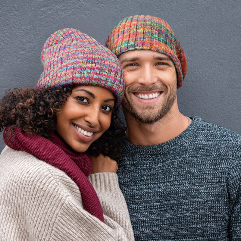 Unisex Woolen Mixed Rainbow Color Stripes Pattern Plus Velvet Thick Warm Couple Hat Beanie Strickmütze