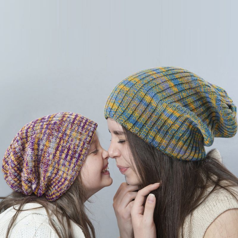 Unisex Woolen Mixed Rainbow Color Stripes Pattern Plus Velvet Thick Warm Couple Hat Beanie Strickmütze