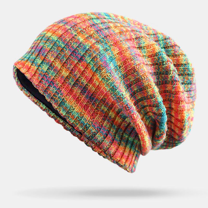 Unisex Woolen Mixed Rainbow Color Stripes Pattern Plus Velvet Thick Warm Couple Hat Beanie Strickmütze